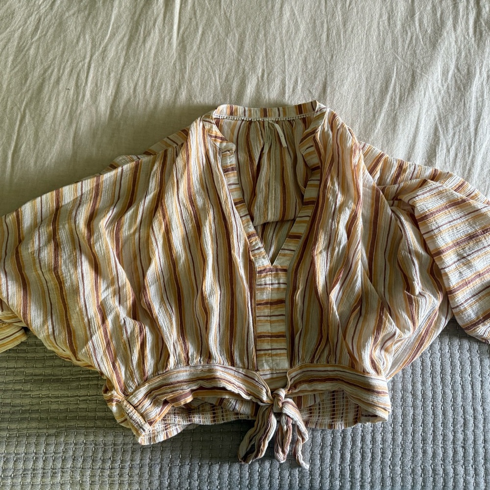 Anthropologie Striped Tie-Front Blouse in Cream, Yellow, Brown